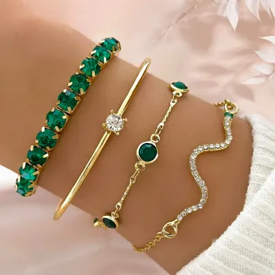 4 pcs Rhinestone Green Gemstone Bracelet Set